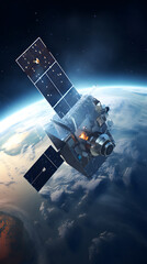 Fototapeta premium A satellite orbits Earth, its solar panels catching the sunlight against a backdrop of stars and clouds.