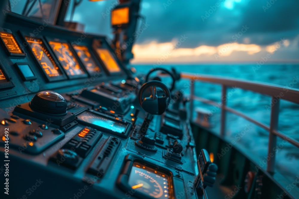 Poster marine navigation console with controls and gauges