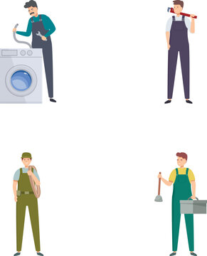 Illustration of diverse professionals including a plumber, washer repairman, and more