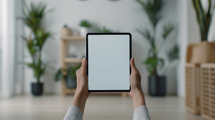 woman holding black tablet iPad Pro vertical with white blank screen, mockup, home interior in a minimalistic style with white walls wooden furniture and plants