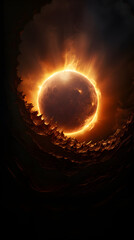 A fiery orange planet rises in a dark, stormy sky, with jagged rock formations in the foreground.