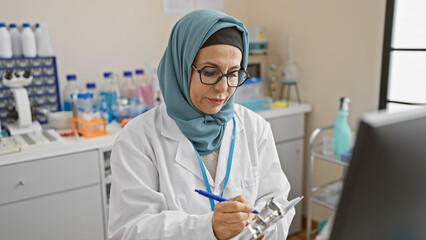Middle-aged woman in hijab taking notes in laboratory setting, reflecting diversity in healthcare.