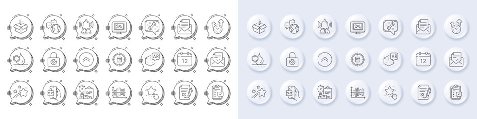 Password encryption, Brand and Checklist line icons. White pin 3d buttons, chat bubbles icons. Pack of Annual calendar, Approved mail, Puzzle game icon. Vector