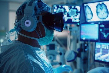 Doctor utilizing modern medical equipment and a virtual interface to enhance patient care and diagnostic accuracy, demonstrating technological integration in healthcare 