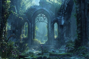 Fantasy ruin with glowing runes and enchanted flora, creating a magical and otherworldly ambiance that invites imagination 