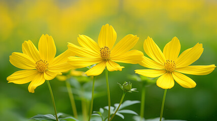 Obraz premium Close-up of three vibrant yellow flowers in full bloom against a lush green background