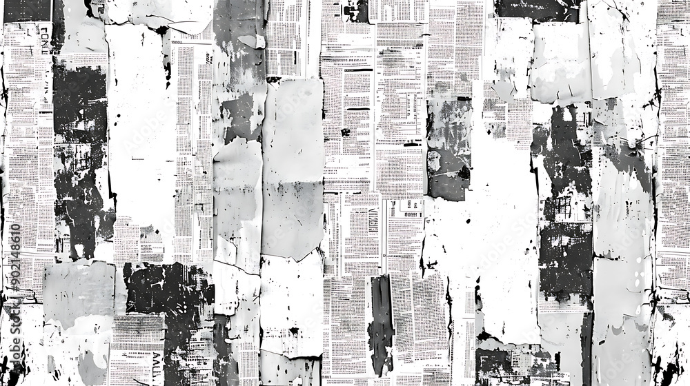 Poster black and white repeating torn newspaper background. continuous pattern left, right, up and down