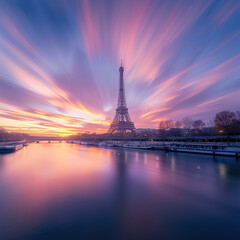 Fototapeta premium The Eiffel Tower by the Seine River at sunset