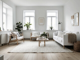 Fototapeta premium A Scandinavian style living room with white walls, light wood flooring, simple modern furniture