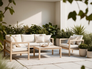 A Scandinavian style outdoor patio with light wood furniture, simple white cushions, and a few green plants.