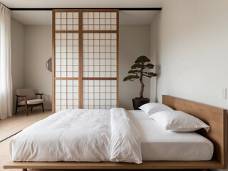 a Japandi style bedroom featuring a low wooden bed with white linens, a shoji screen, and a blend of Scandinavian and Japanese minimalistic furniture