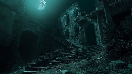 Mysterious ruin illuminated by moonlight, casting long shadows and creating a hauntingly beautiful scene filled with ancient echoes 