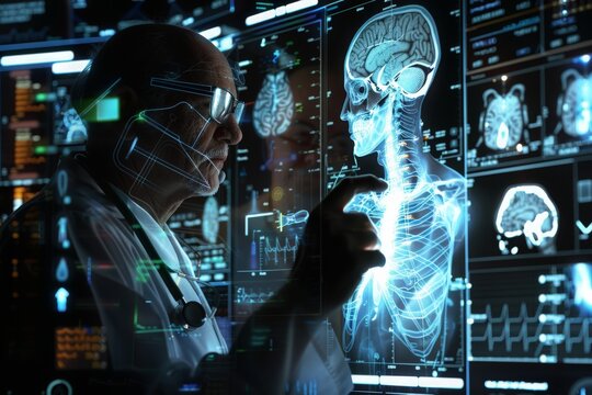 Virtual interface in a medical context, with a professional using modern diagnostic tools and a stethoscope, showcasing technological advancements in healthcare  - Powered by Adobe