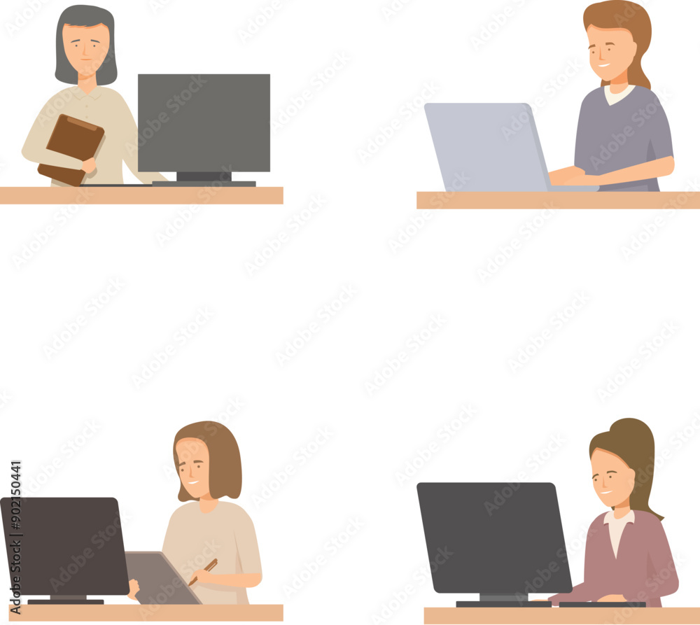 Poster vector illustrations of four different employees working at computers in an office setting