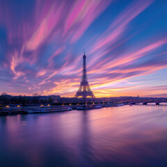 Fototapeta premium The Eiffel Tower by the Seine River at sunset