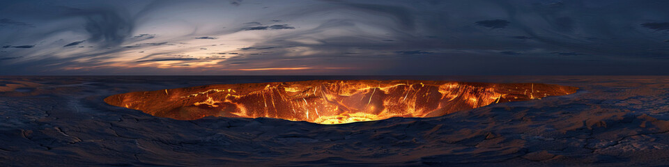 Naklejka premium The Door to Hell in Turkmenistan: A Fiery Crater That Burns Continuously - Imagine a scene where the Door to Hell in Turkmenistan glows brightly against the night sky, its fiery flames