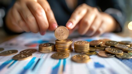 A person is holding a stack of coins, including a few Bitcoin, on a table. The coins are piled high, and the person appears to be counting them. Concept of wealth and financial security