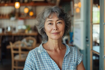 Elegant Woman Smiling in Restaurant