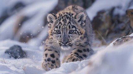 Obraz premium A Snow Leopard baby playfully pouncing in the snow..