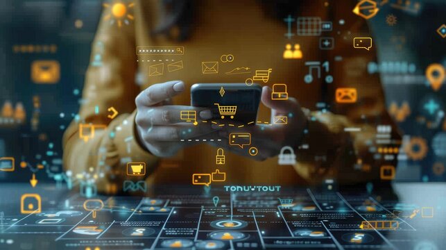 Online shopper: customer navigating social media for purchases using mobile phone, integration of e-commerce with social platforms, convenience, modern digital shopping experiences.