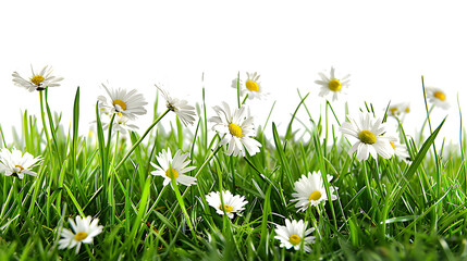 Grass with white daisies against a white