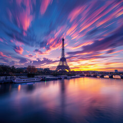 Fototapeta premium The Eiffel Tower by the Seine River at sunset