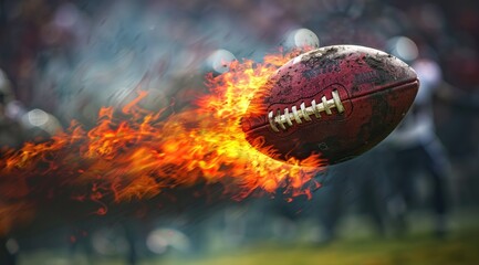 Electrifying moment: a football on fire soaring air amidst players in background stadium, symbolizing excitement, action of american football, showcasing sport's powerful, dramatic essence in visual.