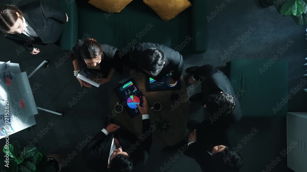 Aufkleber top down view of business team listen investor present idea while standing at whiteboard. diverse gr