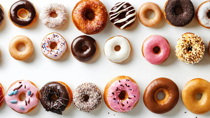 Variety of donuts on a white background, 16:9, 300 dpi, with space for text