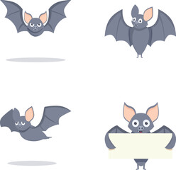 Collection of cute cartoon bat characters in various playful and friendly poses, isolated on a white background