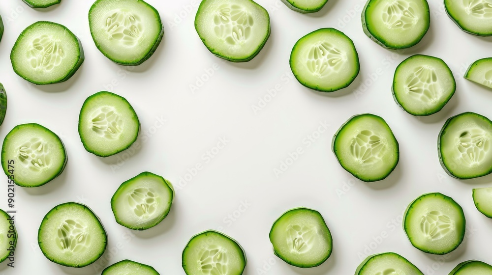 Poster arrangement of cut green cucumbers from above with empty space for text