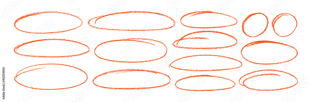 Poster hand drawn red crayon ovals and circles set. ellipses in red pencil doodle style. round freehand sha