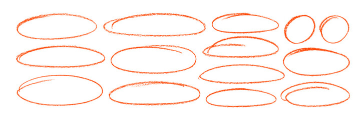 Hand drawn red crayon ovals and circles set. Ellipses in red pencil doodle style. Round freehand shapes, emphasis highlights. Red round rough thin frames. Vector elements for hand drawn diagrams.