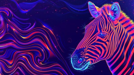 Multi-colored rainbow neon zebra on a black background. Modern design.
