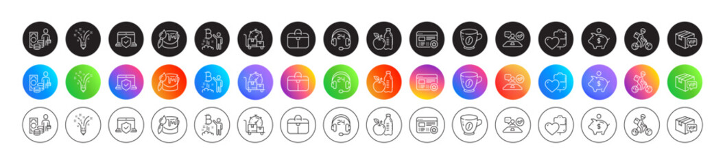 Fast delivery, Handbag and Vip parcel line icons. Round icon gradient buttons. Pack of Blood, Delivery bike, Favorite icon. Inspiration, Coffee, Laptop insurance pictogram. Vector