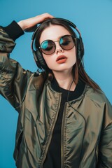Stylish DJ girl model with headphones and black glasses on the bomber jacket mixes the music player looking camera on blue background