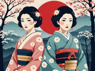 Two women in traditional Japanese clothing, with cherry blossom trees and a red sun in the background.