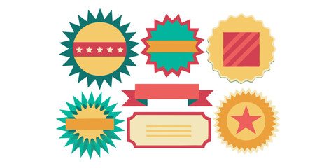 Blank labels for sale coupon set. Starburst sticker, price discount tags, ribbon, promo badge, and blank corners in vector format. Retro color special offer design elements, bright callout, and sunbur