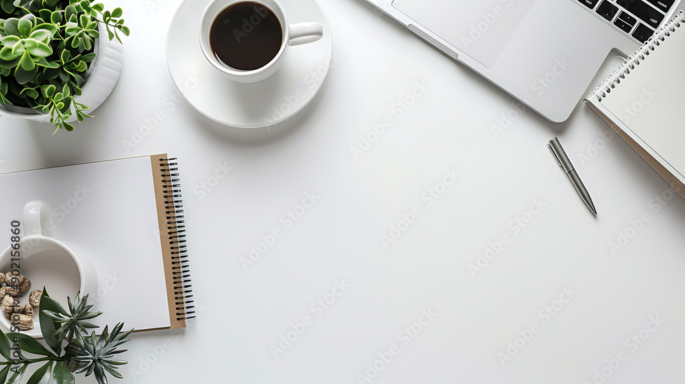 Poster simple top view table - creative flat lay office desk. laptop, notebooks and coffee cup on white bac