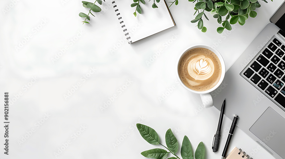 Aufkleber simple top view table - creative flat lay office desk. laptop, notebooks and coffee cup on white bac