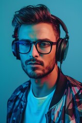 Stylish Handsome DJ Man model with headphones and black glasses on the bomber jacket mixes the music player looking camera on blue background