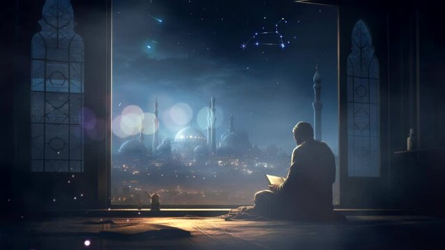 Man reading book by window with city skyline and stars at night.