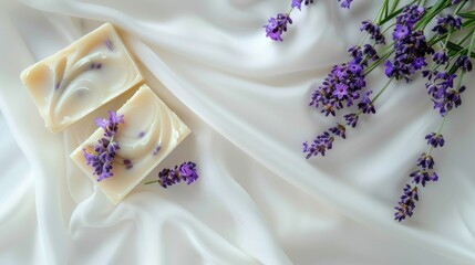 Handmade organic soap with lavender flowers on white silk Ample space for text