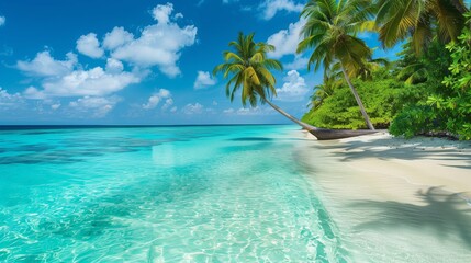 A tropical beach with palm leaves and white sand, with the sea in the background