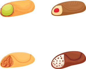 Colorful vector illustrations of four different bakery pastries, isolated on white background
