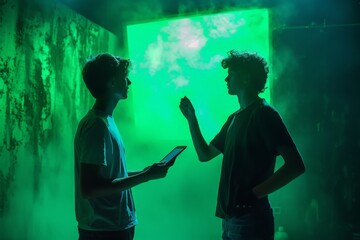 Two Men Discussing on a Screen in a Green-Lit Room