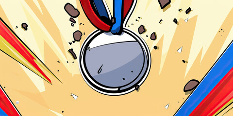 A gleaming silver medal, hanging against a soft peach background, offers a touch of warmth and serenity amidst the chaos of victory.