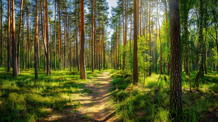 Obraz premium pine forest panorama in summer. Pathway in the park