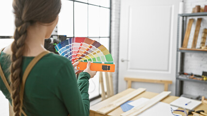 Woman holding color swatches in a carpentry workshop with wood planks and tools in the background