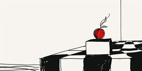 A lone red apple is perfectly placed on top of a green checkered podium, encouraging viewers to strive for success